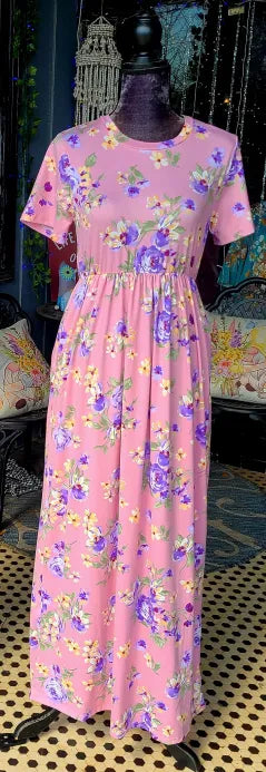 Pink and Purple Floral Maxi Dress with Pockets