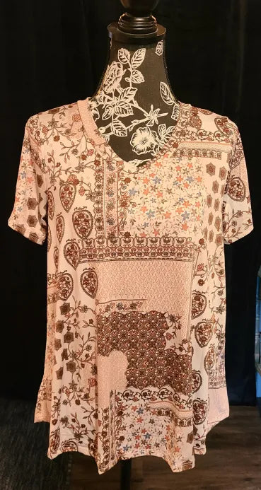 Tan Floral Print V Neck Top