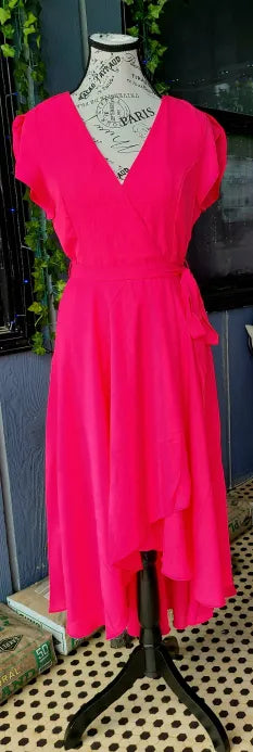 Fuschia Ruffle Sleeve V Neck Maxi Dress