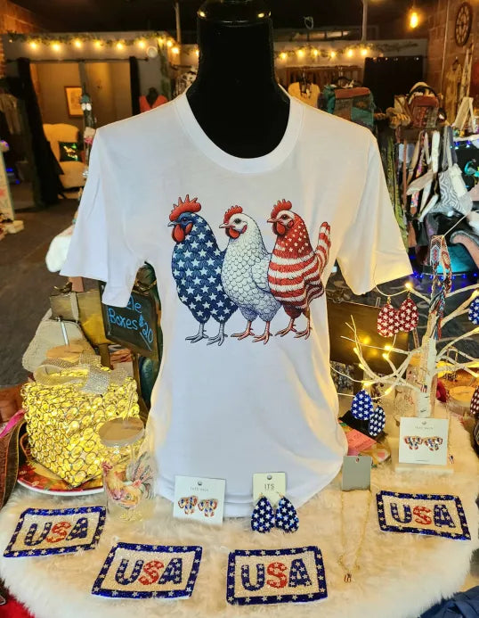 Bella Canvas White Patriotic Chickens T-Shirt
