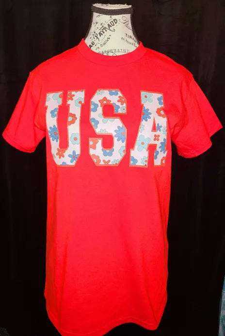 Gildan Red USA Floral T-Shirt