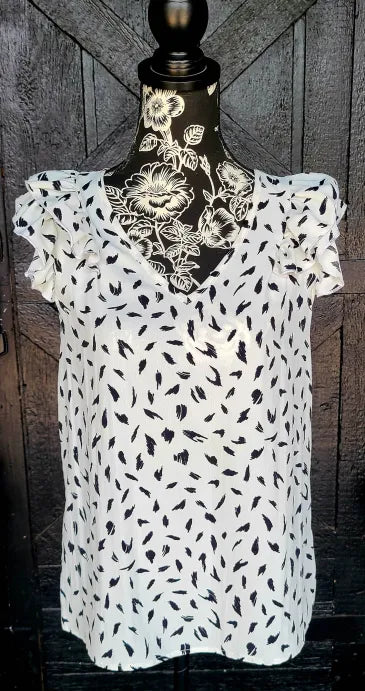 White with Black Print Ruffle Sleeve Top