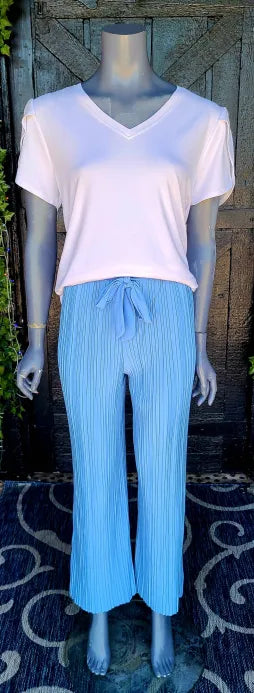 Chambray Blue Tie Front Pleated Pants