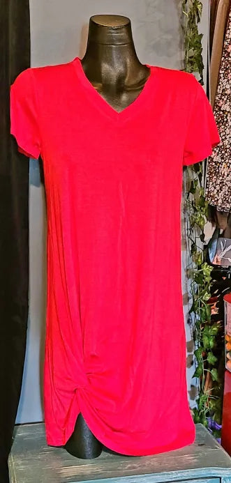 Red V Neck Knotted Hem Dress