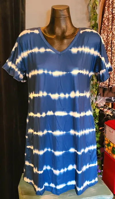 Blue and White Tie Dye Dress with Pockets