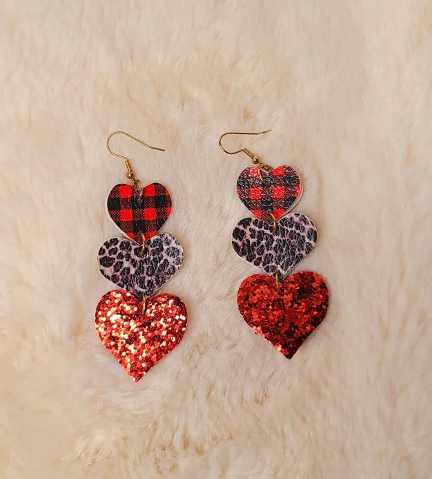 Red Plaid and Leopard Heart Earrings