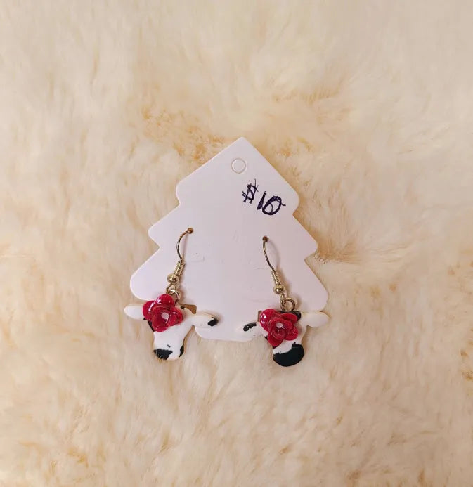 Black and White Cow with Flowers Earrings