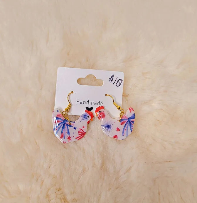 Red White and Blue Chickens with Bows Earrings
