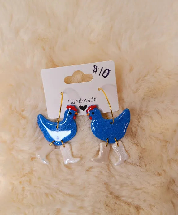 Blue Chickens with White Cowboy Boots Earrings