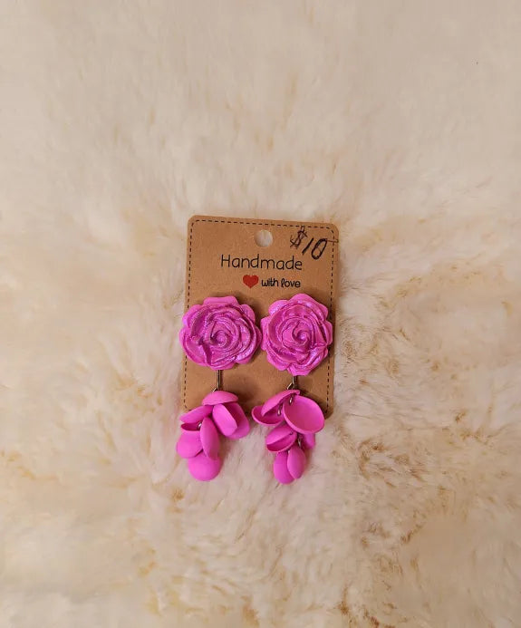Pink Roses with Petals Earrings