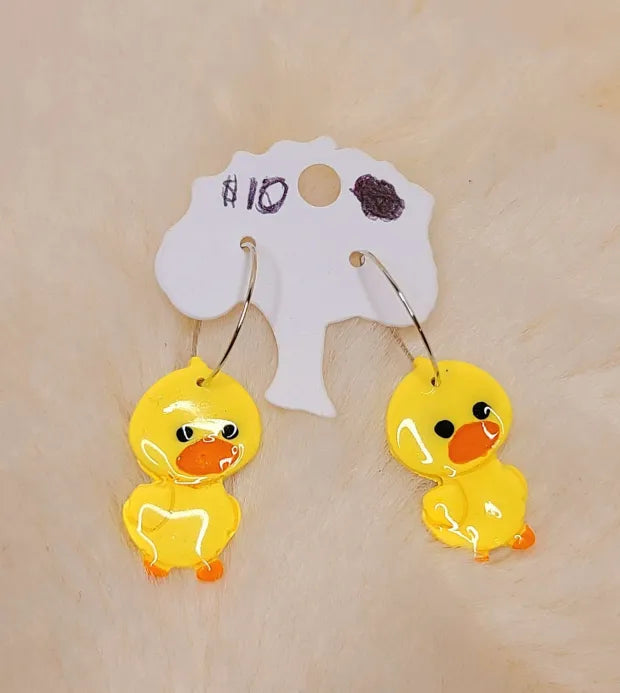 Handmade Yellow Ducks on Silver Hoops