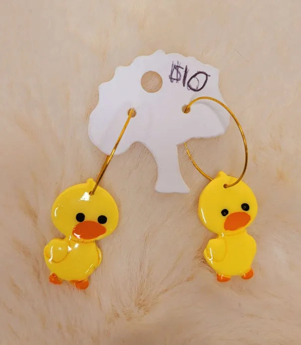 Handmade Yellow Ducks on Gold Hoops