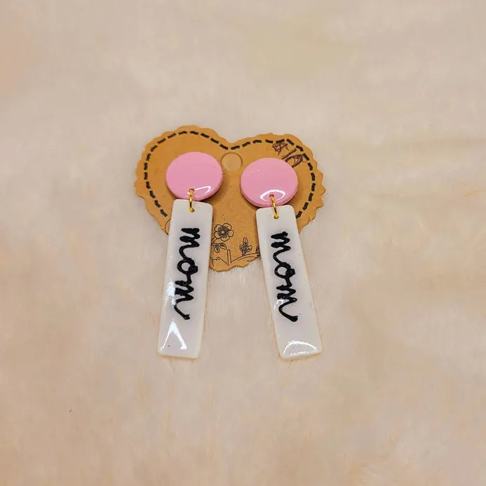 Handmade Pink and White Mom Earrings
