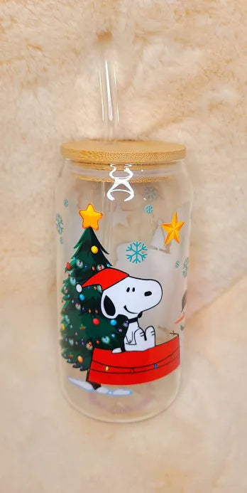 Handmade Snoopy Glass Cup with Glass Straw