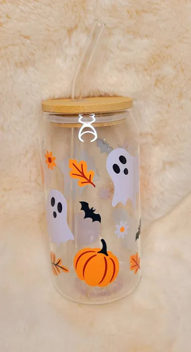 Handmade Halloween Glass Cup with Glass Straw