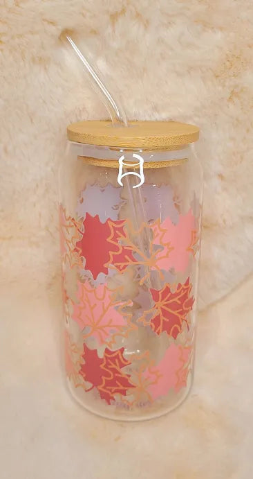 Handmade Fall Leaves Glass Cup with Glass Straw