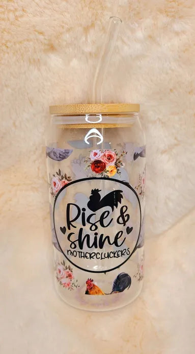 Handmade Chickens Glass Cup with Glass Straw