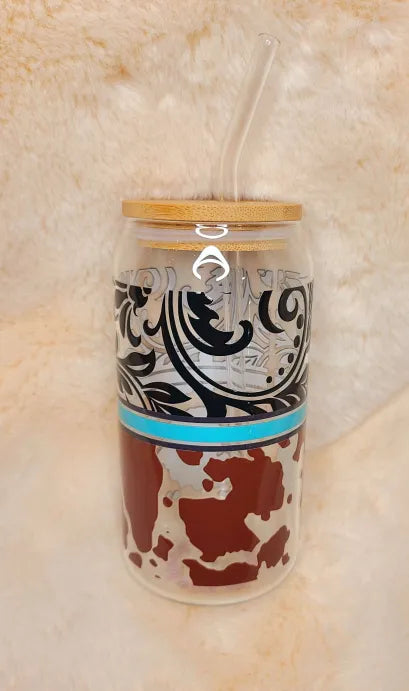 Handmade Western Glass Cup with Glass Straw