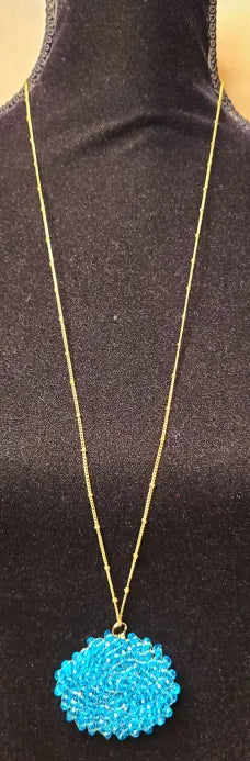 Blue Crystal Pendant Long Gold Necklace