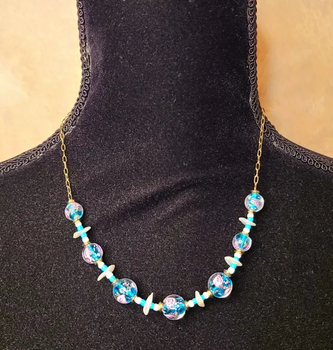 Blue Beaded Gold Necklace
