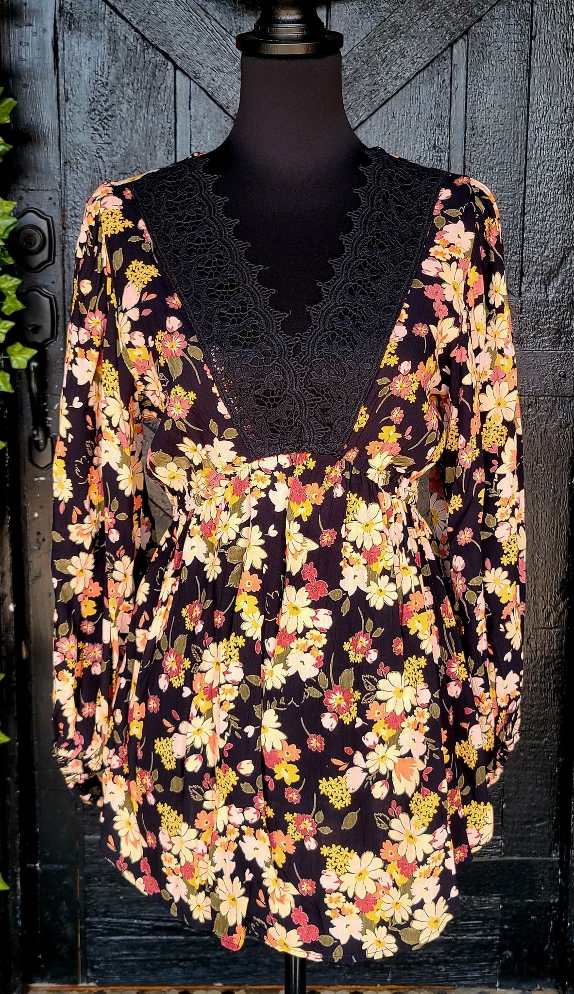 Black Floral Lace V Neck Top