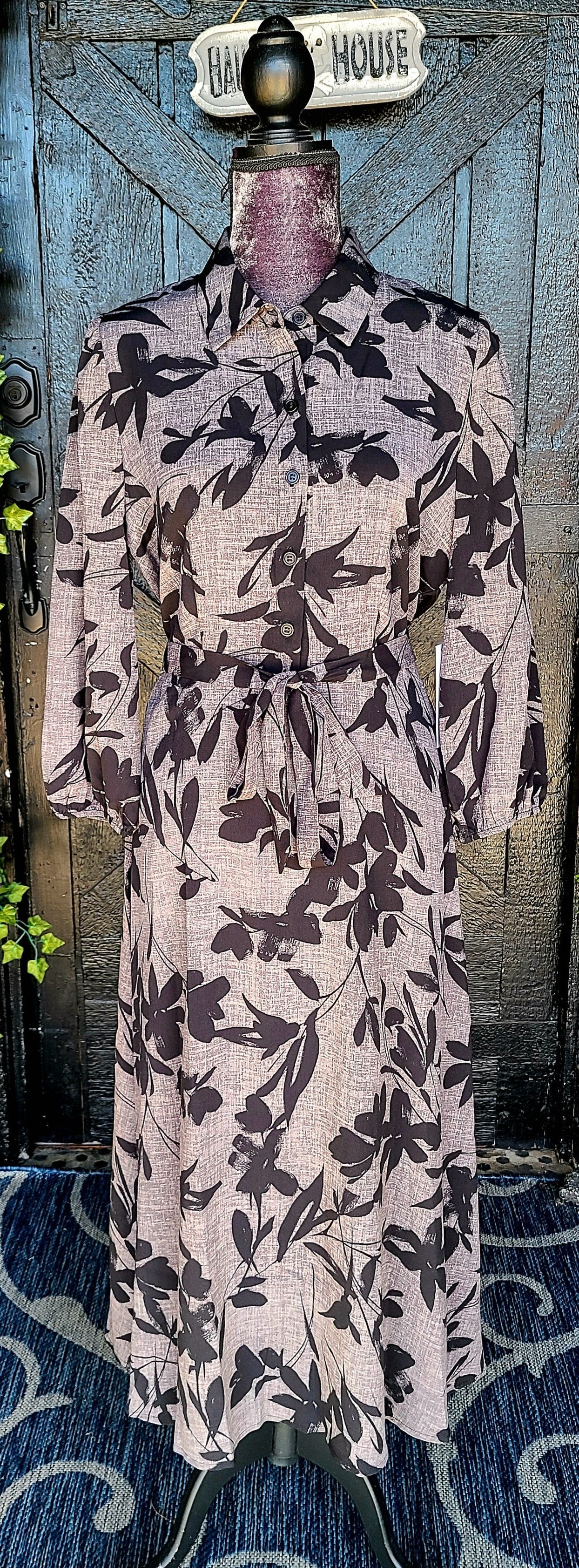 Gray with Black Floral Button Up Maxi Dress