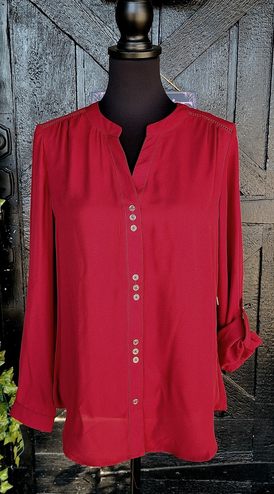 Wine V Neck Button Up Top