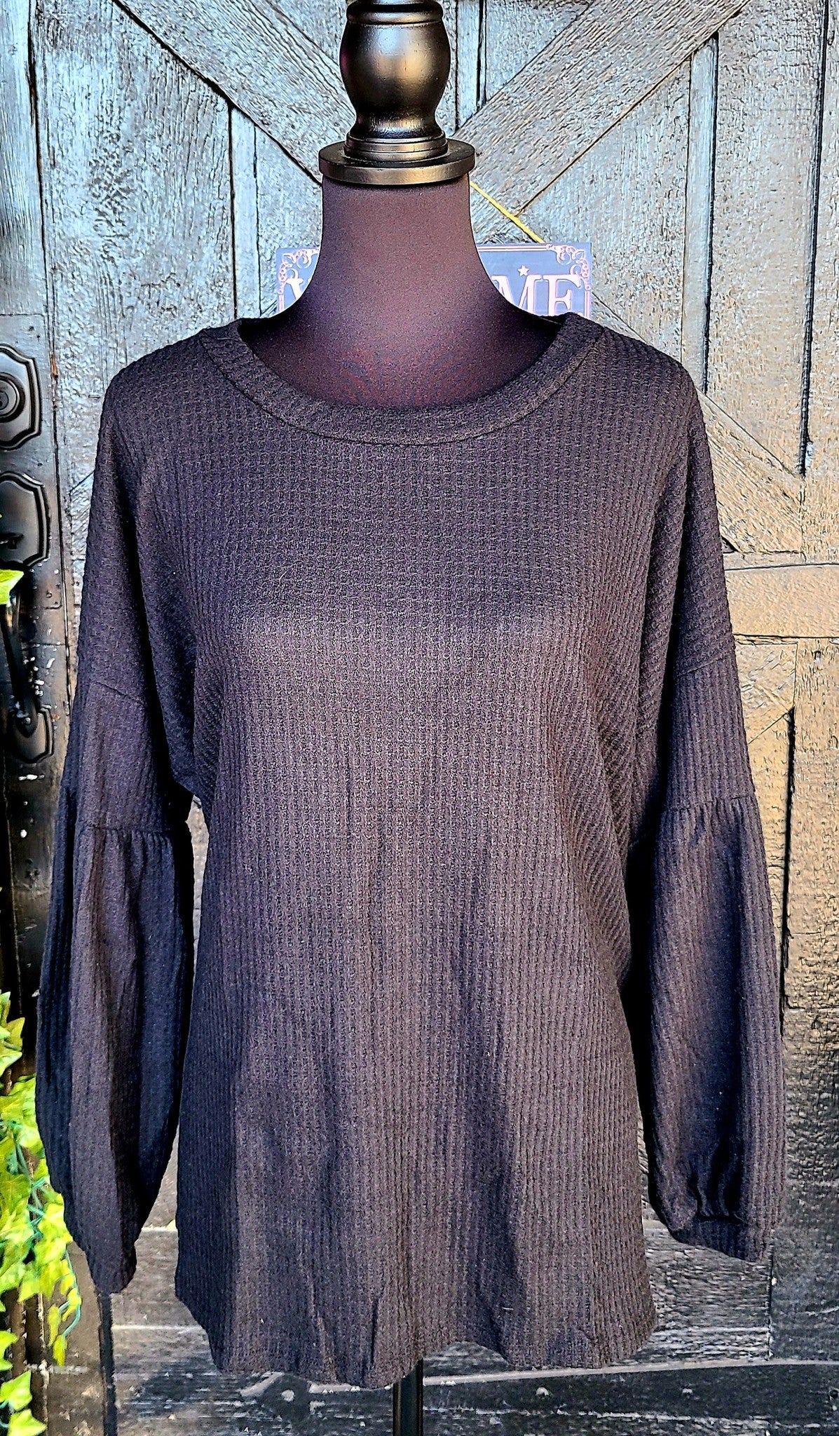 Black Waffle Knit Puff Sleeve Top