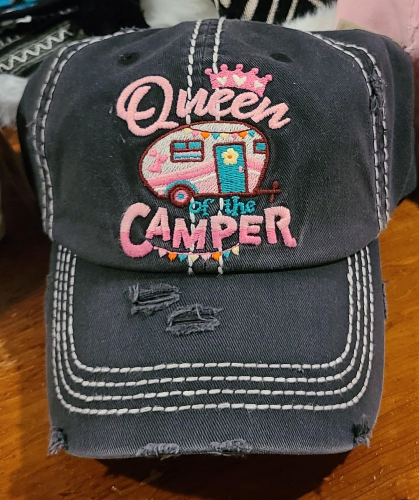 Queen Of The Camper Distressed Ball Cap