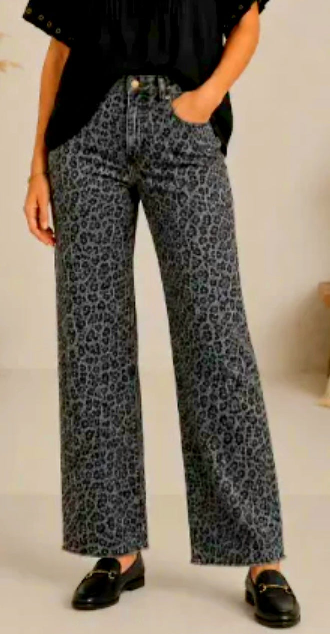 Black Leopard Wide Leg Fray Hem Jeans