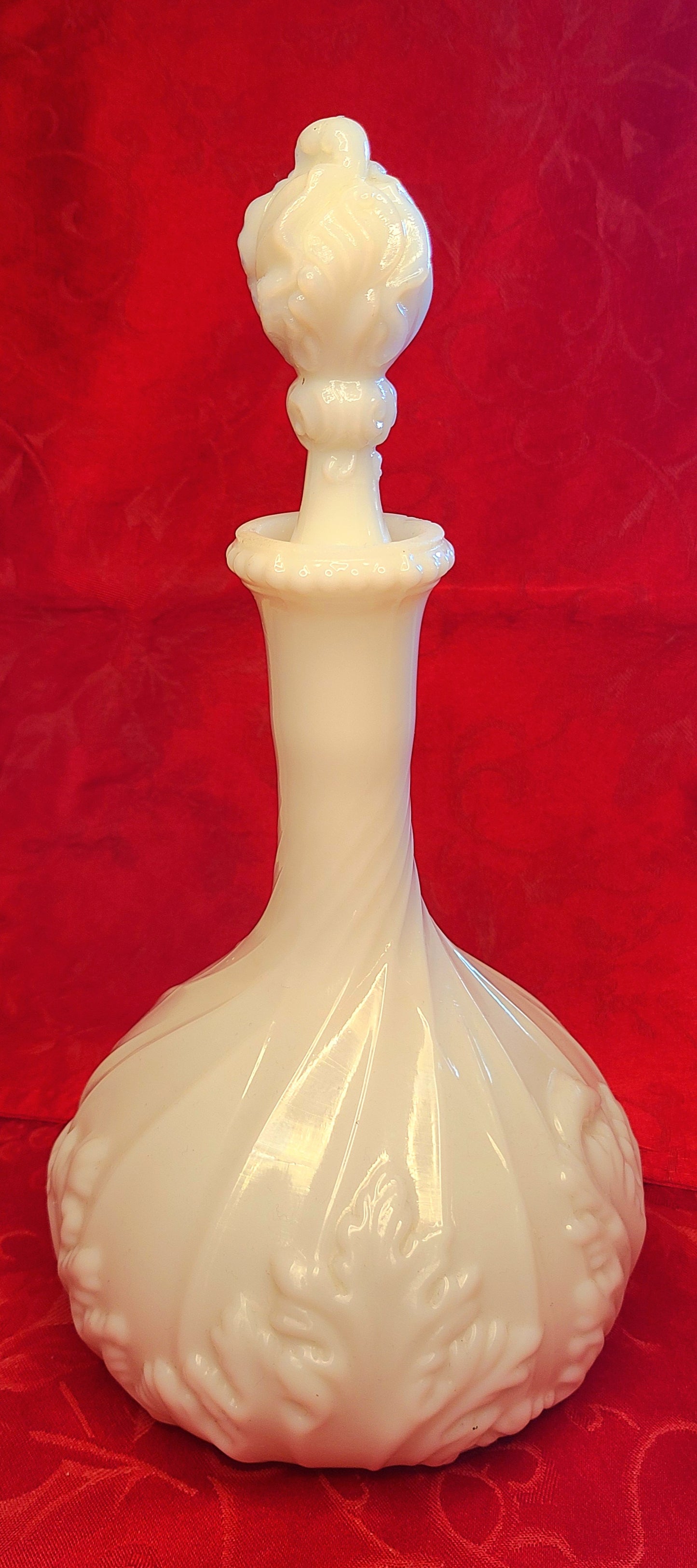 Antique Victorian Milk Glass Decanter with Spiral Leaf Design