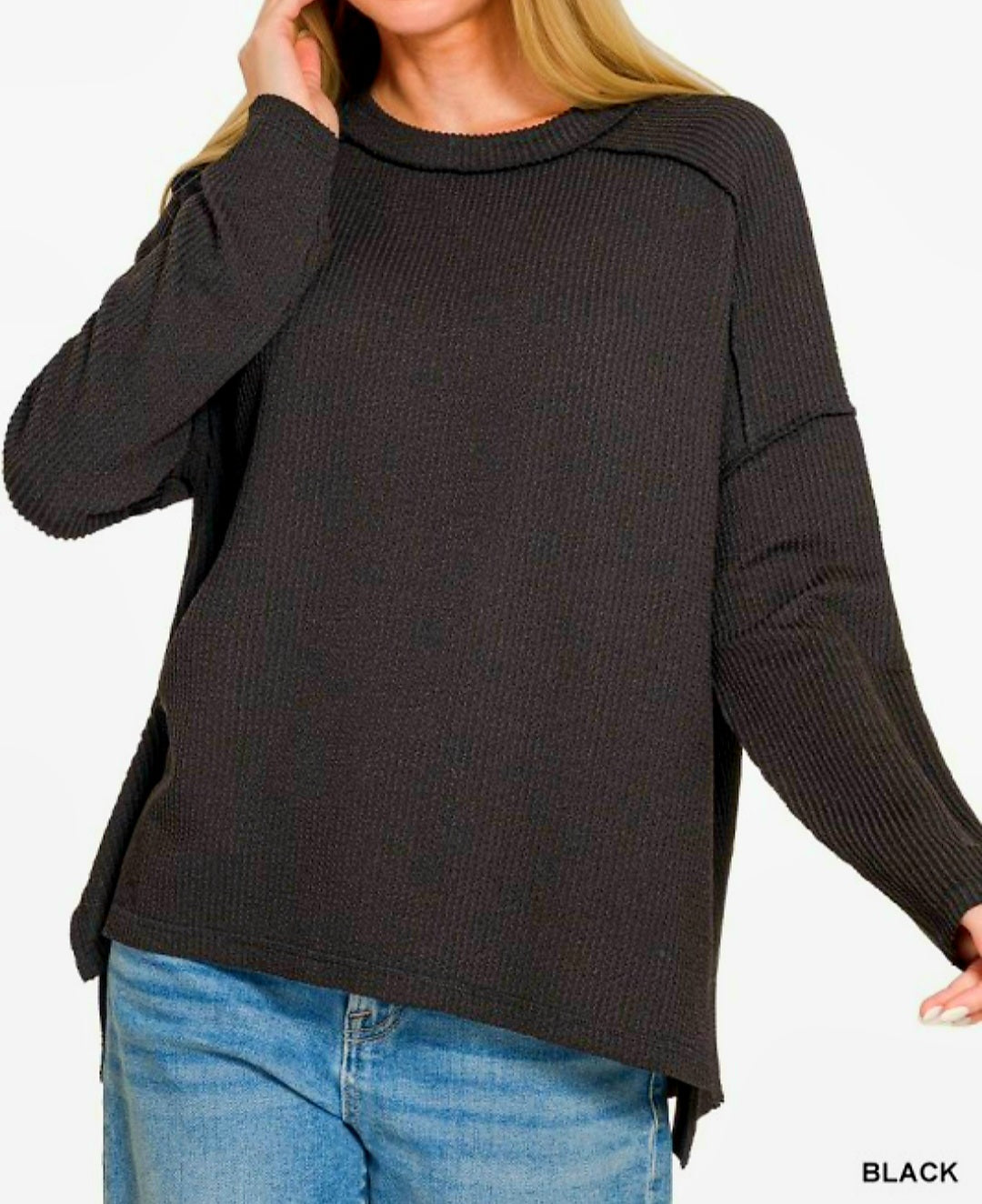 Zenana Black Ribbed Reverse Stitch Top