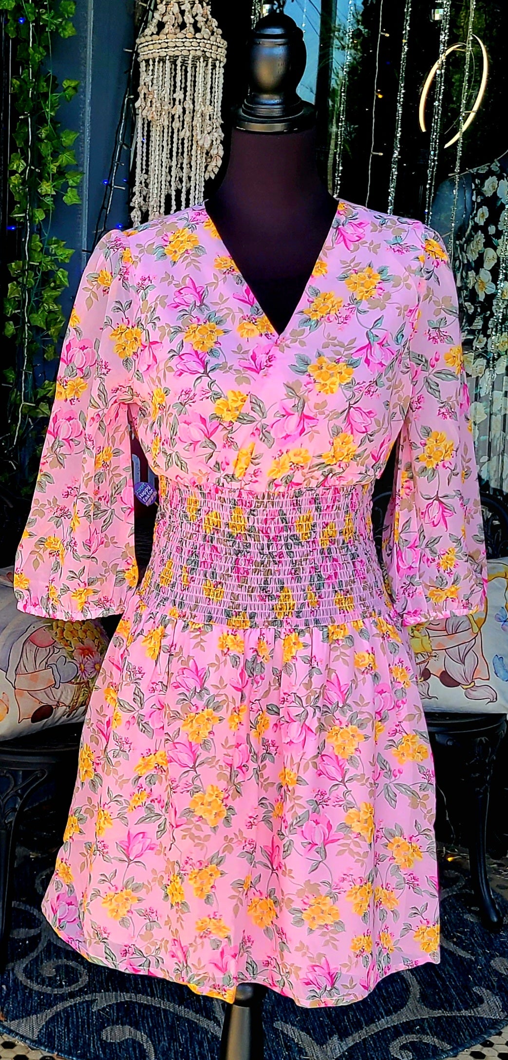 Pink with Yellow Floral Smocked Waist Knee Length Dress