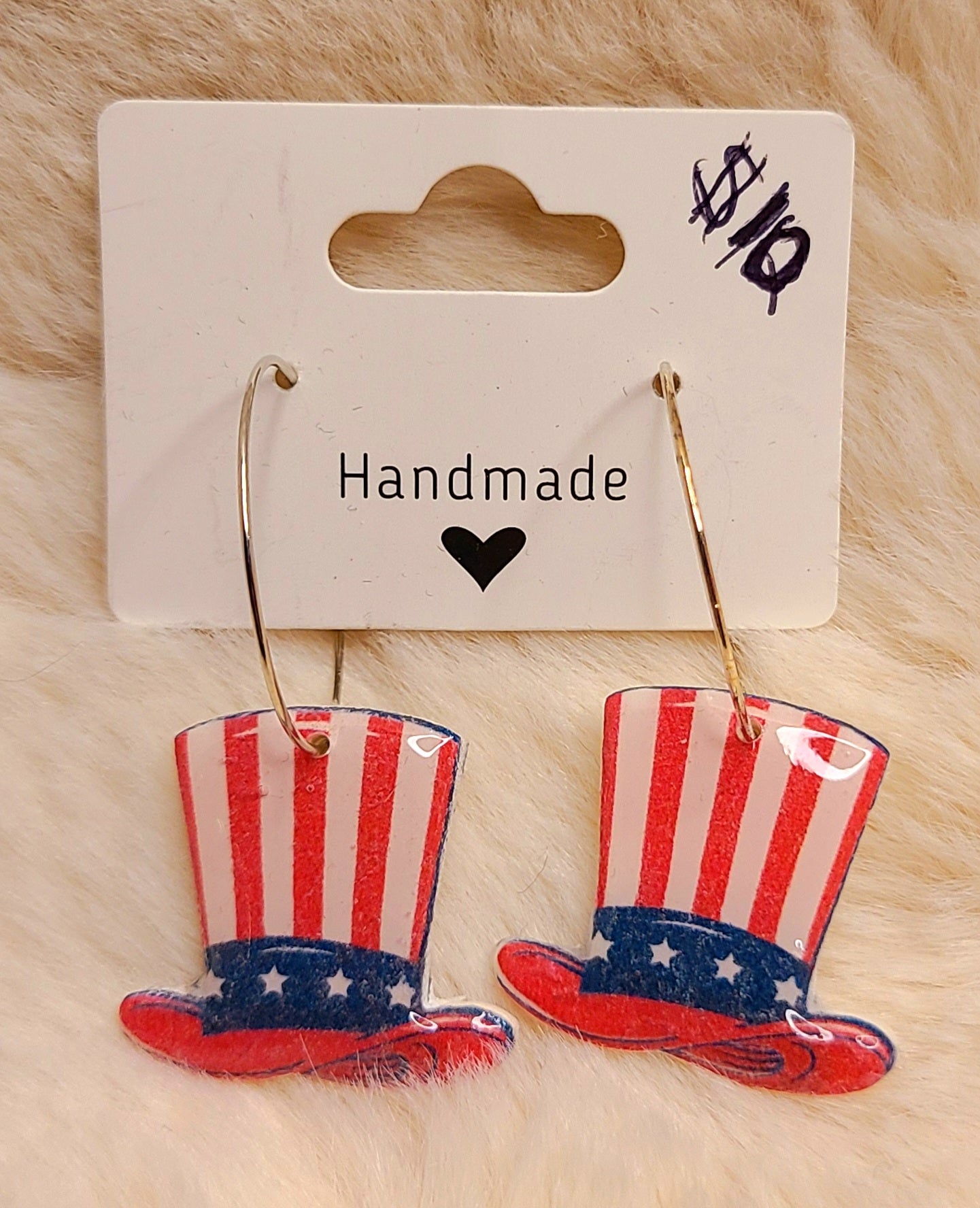 Handmade Uncle Sam's Hat on Silver Hoops