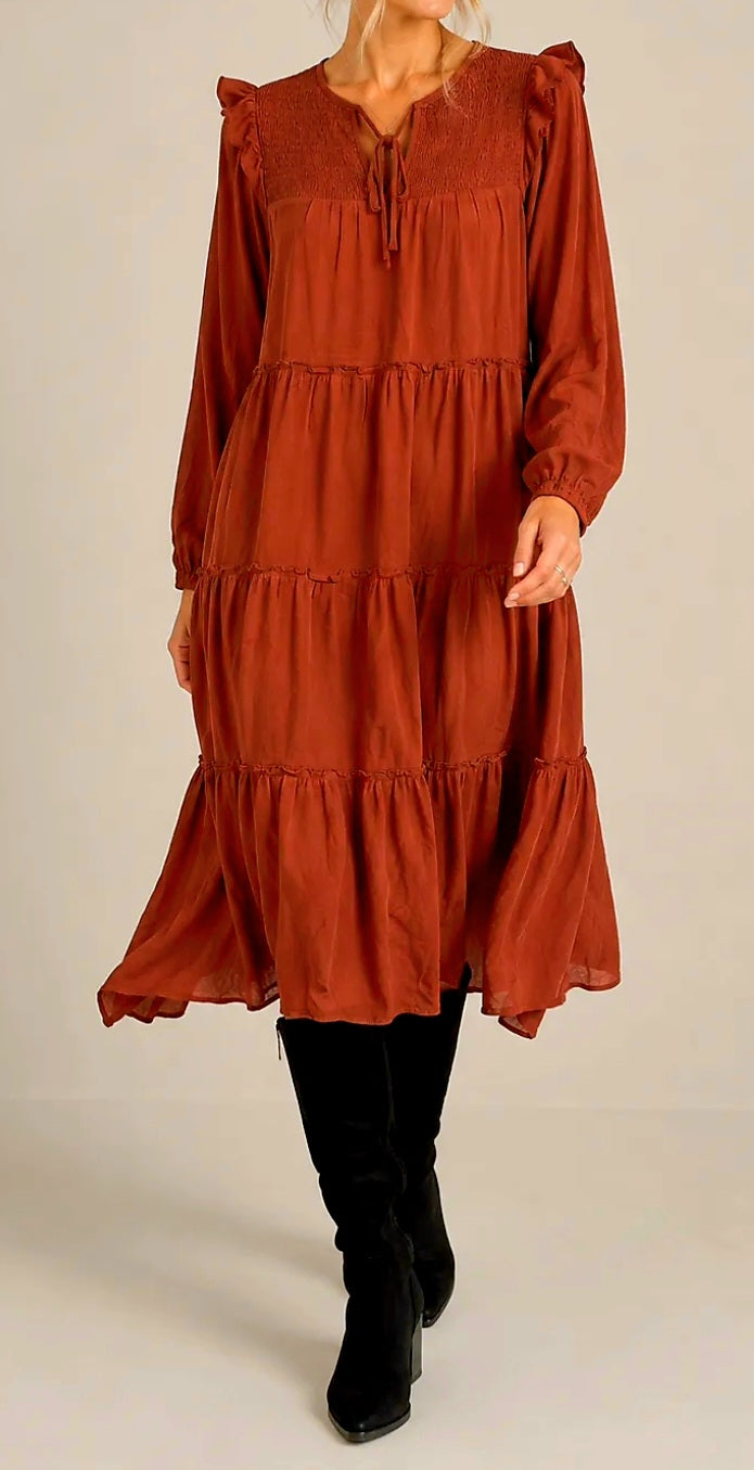 Rust Tiered Tie Front Midi Dress