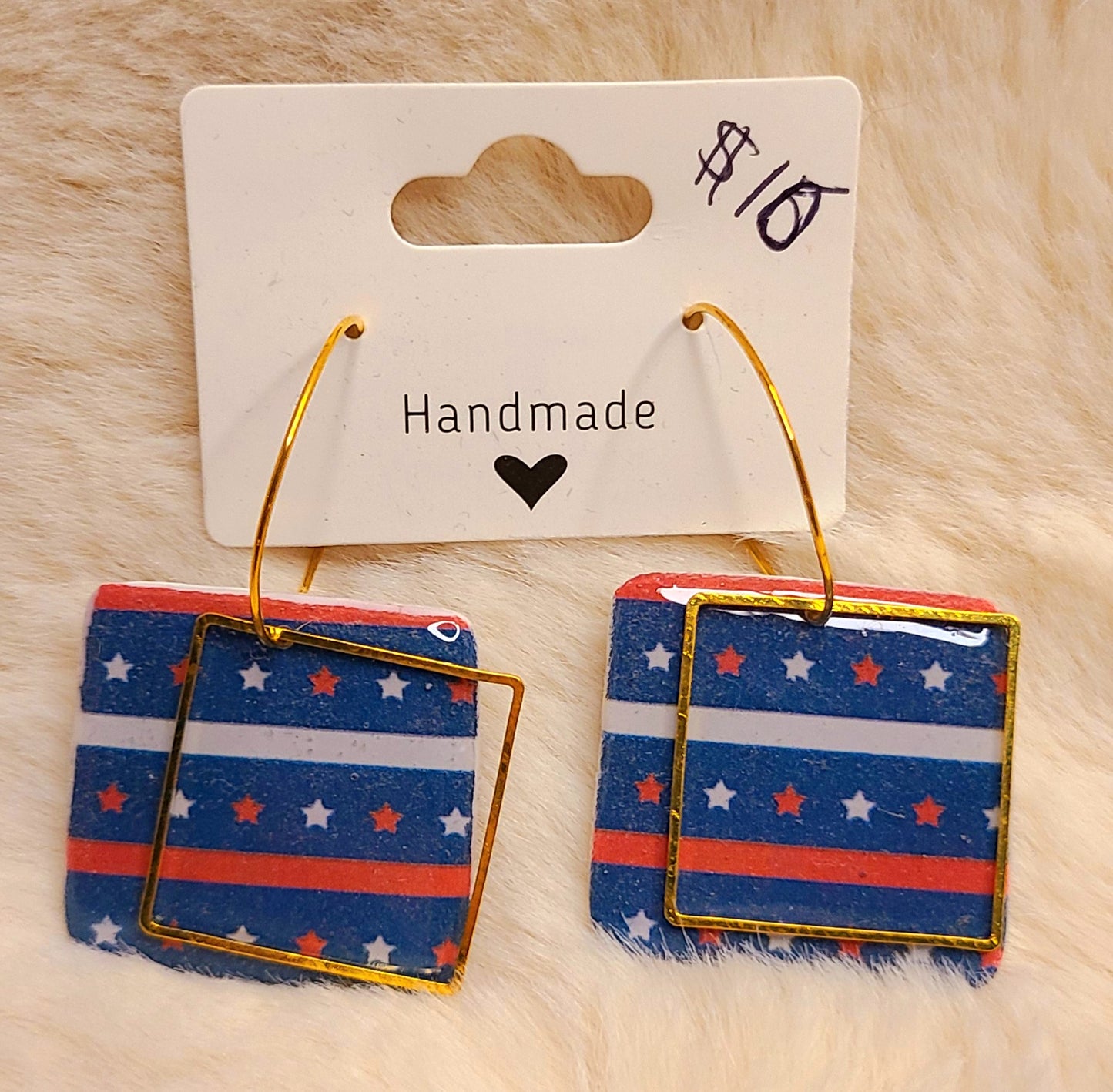 Handmade Patriotic Square Earrings on Gold Hoops