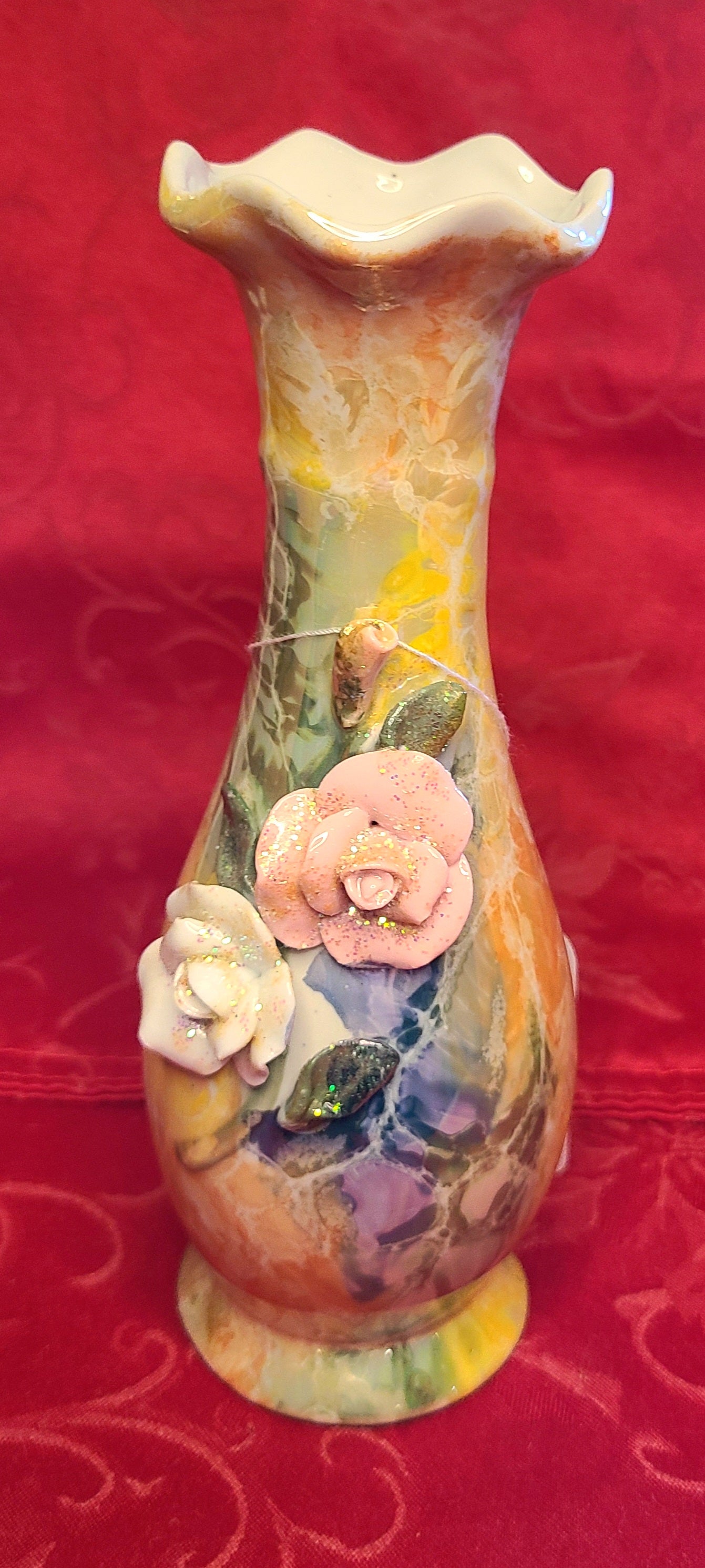 Vintage Glass Vase with a Ruffled Rim and Iridescent Finish