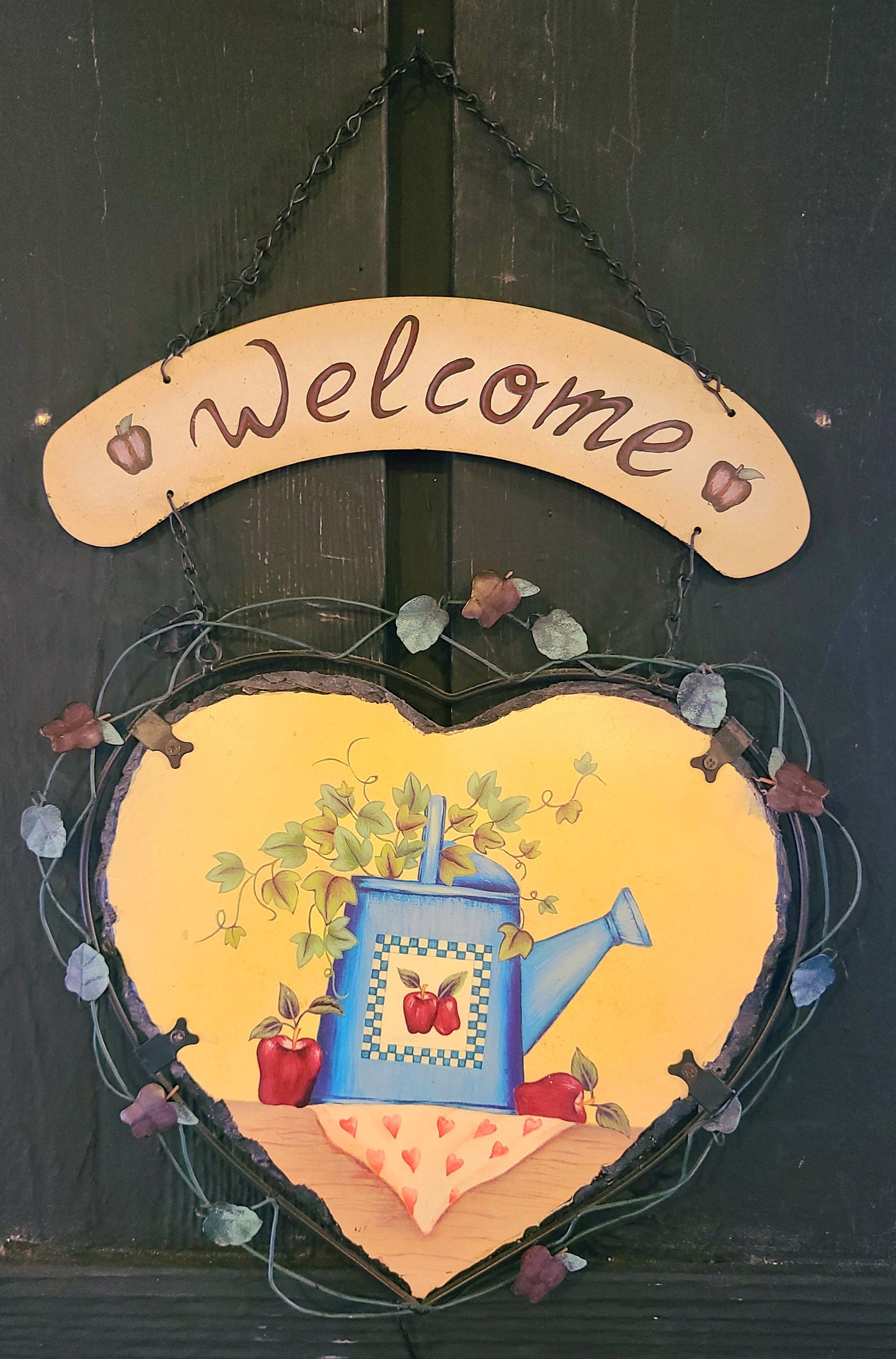 Vintage Heart-Shaped Metal Welcome Door Hanger with A Blue Watering Can