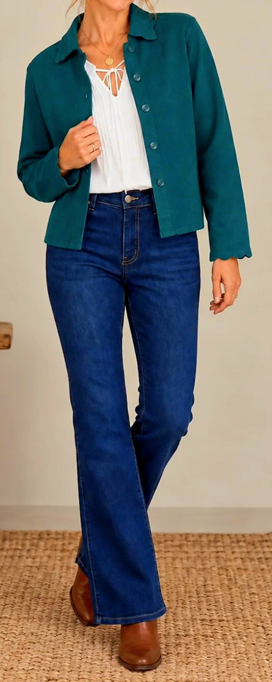 Evergreen Scalloped Trim Denim Jacket with Dyed to Match Buttons