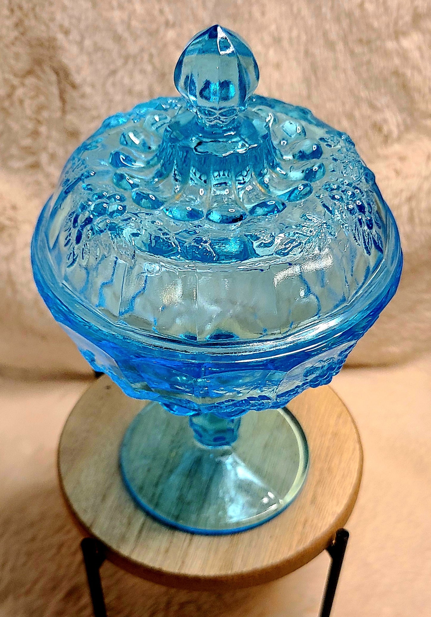 Vintage Westmoreland Teal Paneled Grape Covered Candy Dish