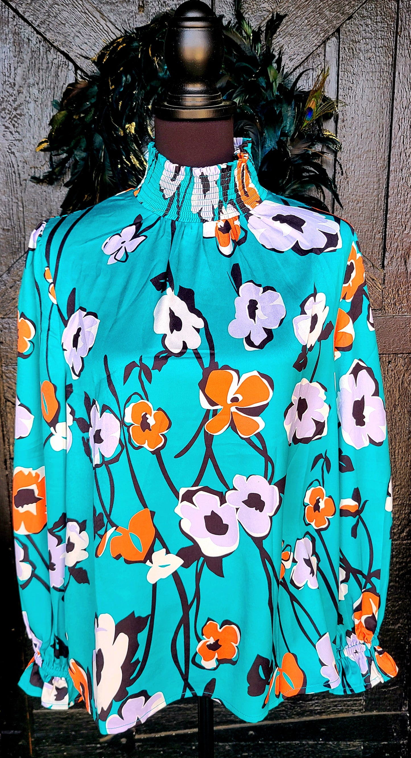 Green Smocked Neck Floral Top