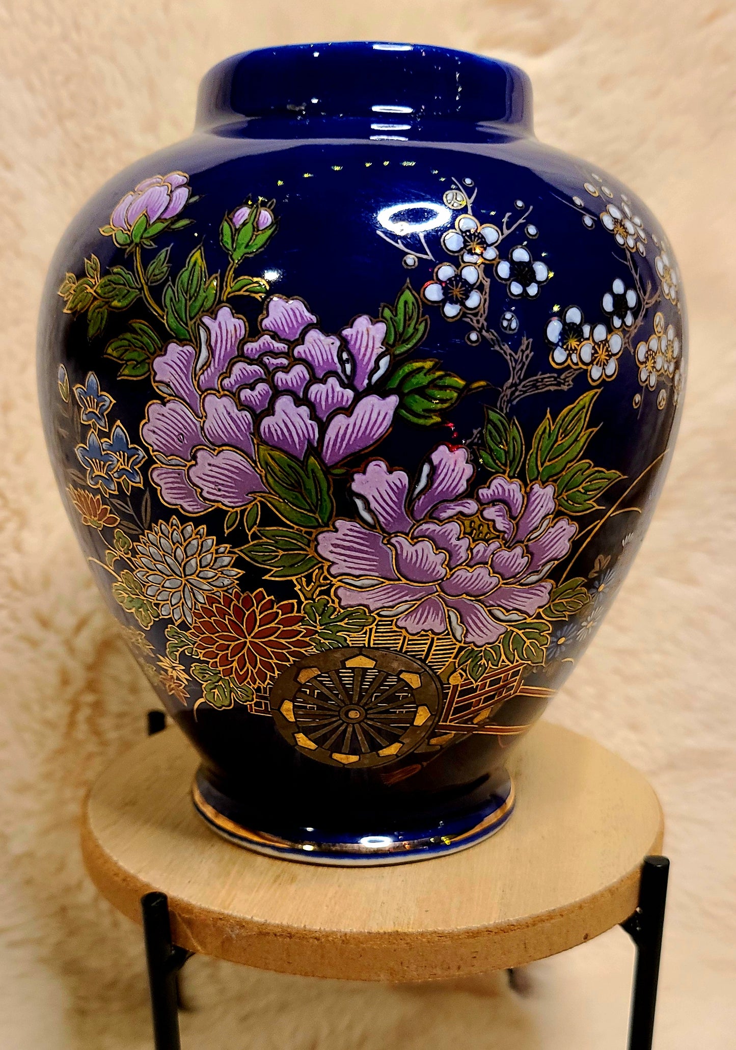 Cobalt Blue Japanese Rickshaw with Flowers Vase