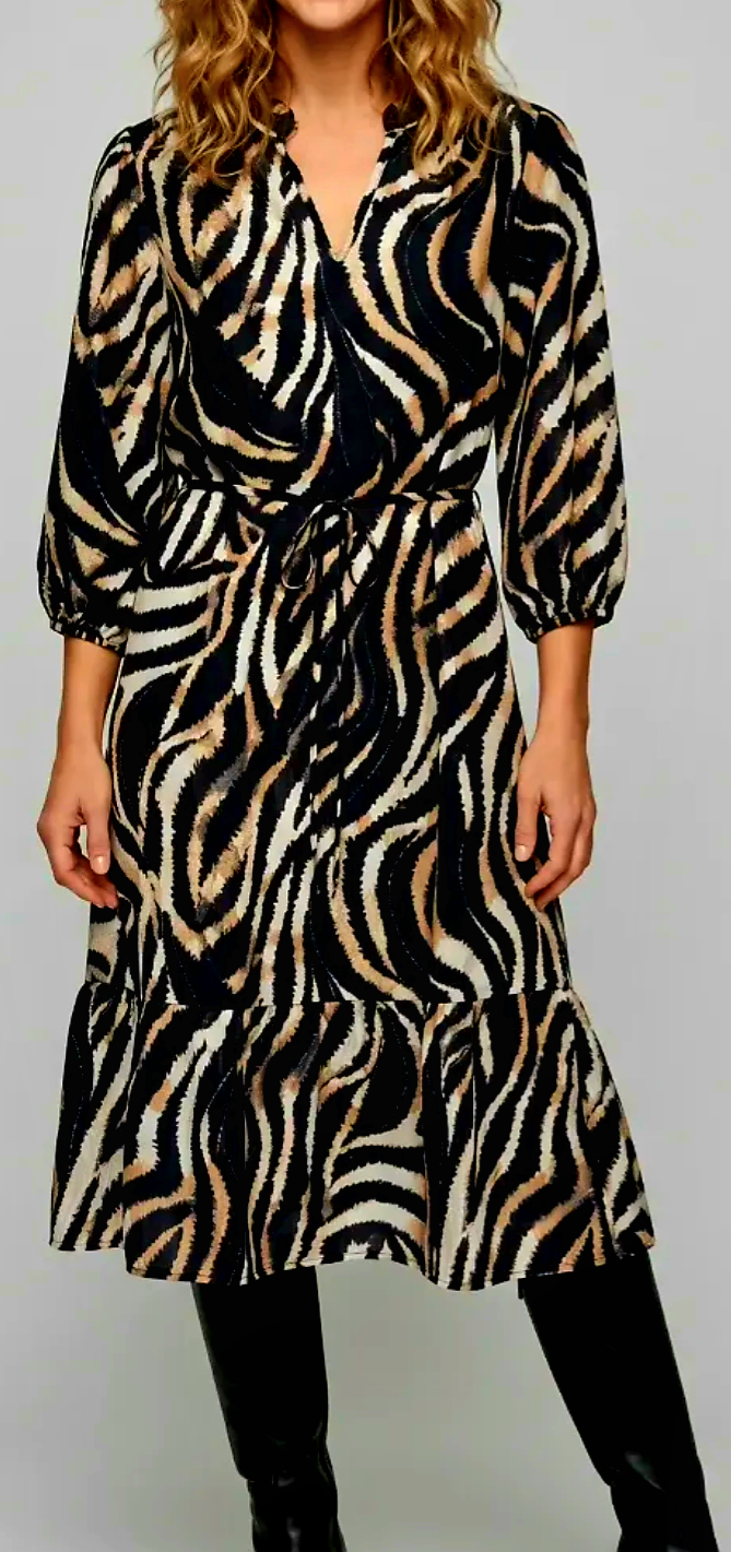 Black with Khaki Zebra V Neck Midi Dress
