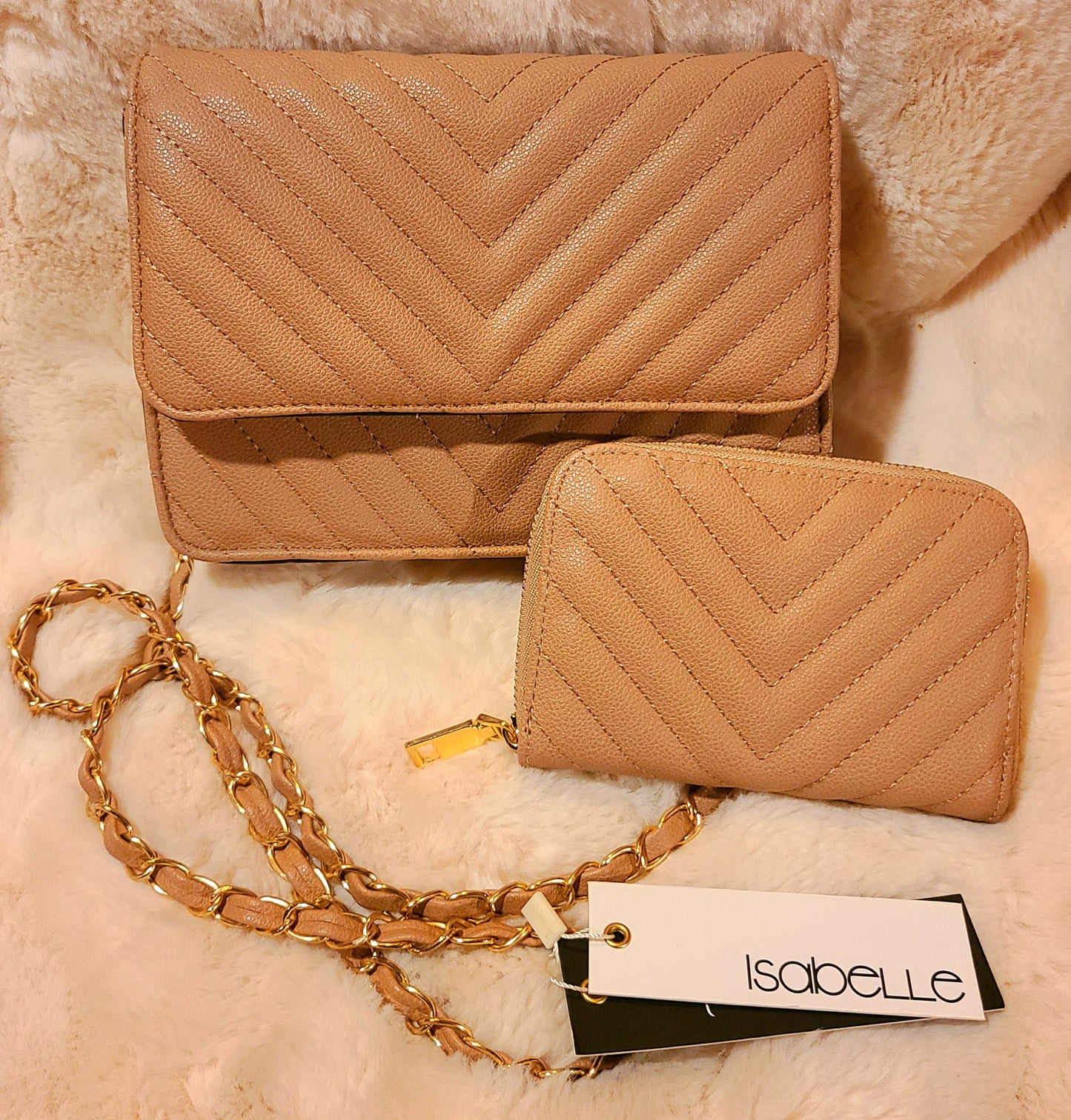 Taupe Quilted Bag with Matching Wallet Set