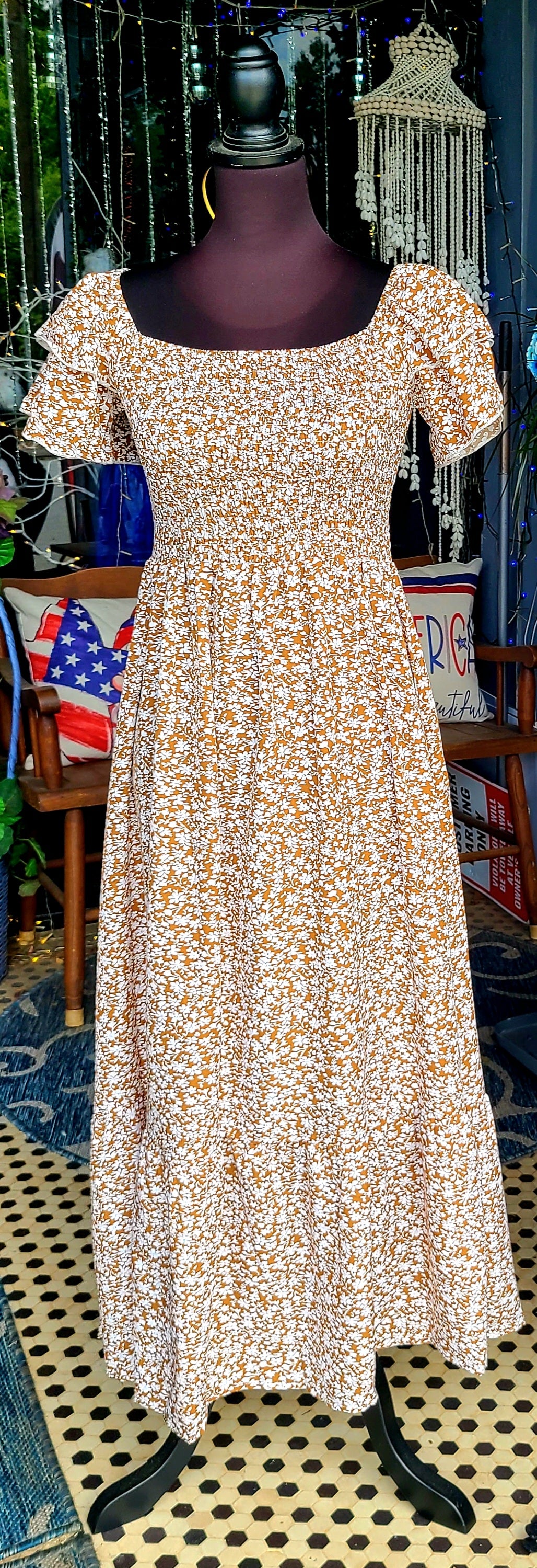 Khaki Floral Smocked Ruffle Sleeve Maxi Dress