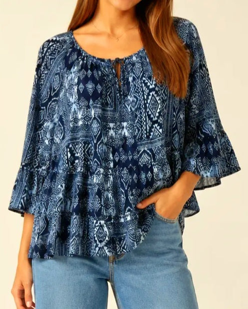 Blue Aztec Ruffle Hem Bell Sleeve Top