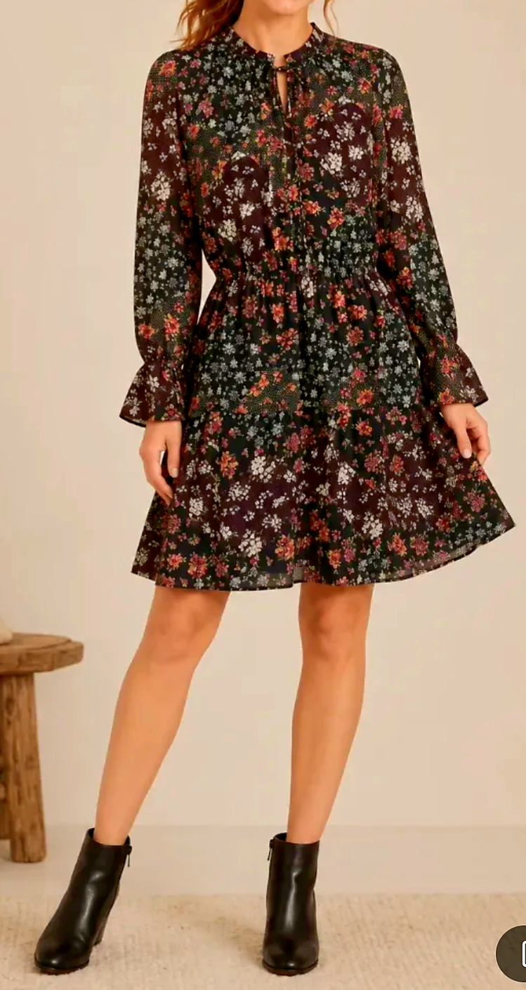 Black Floral Tiered Knee Length Dress