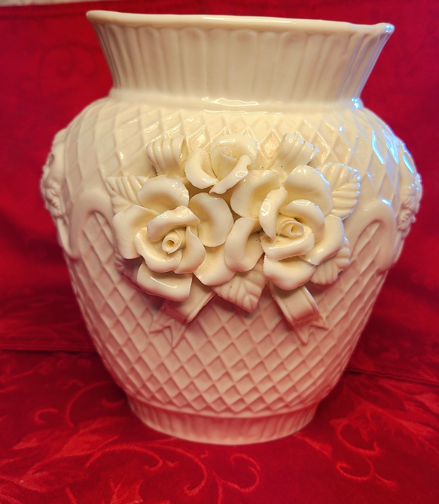 Vintage Ivory Porcelain "Roses and Ribbons" Vase