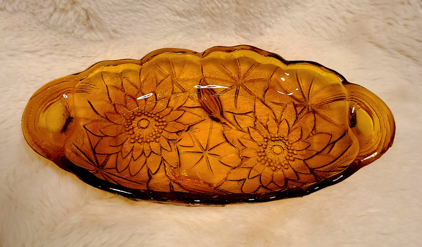 Vintage Indiana Glass Amber Pickle Dish with Embossed Sunflower Design-1960's