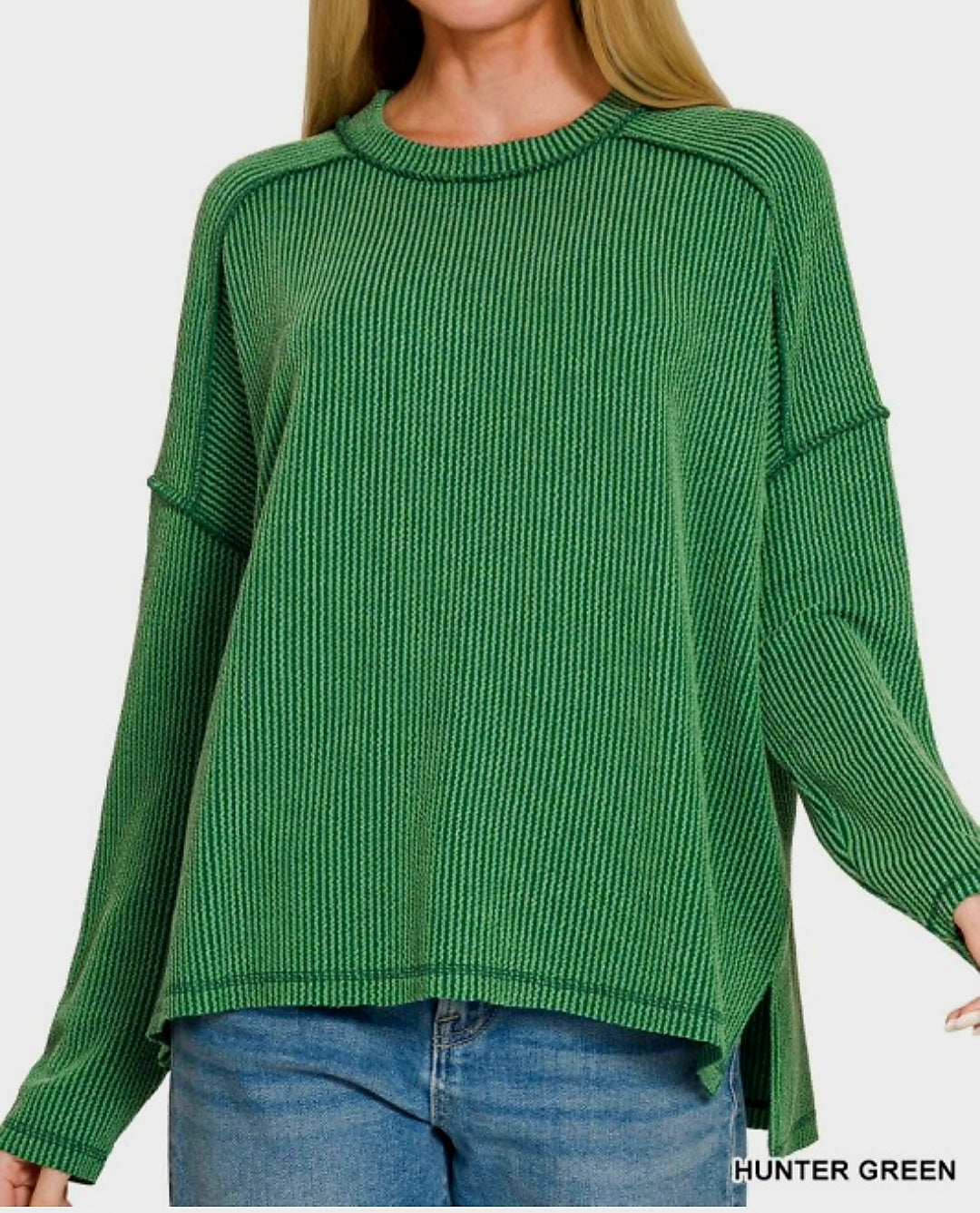 Zenana Hunter Green Ribbed Reverse Stitch Top